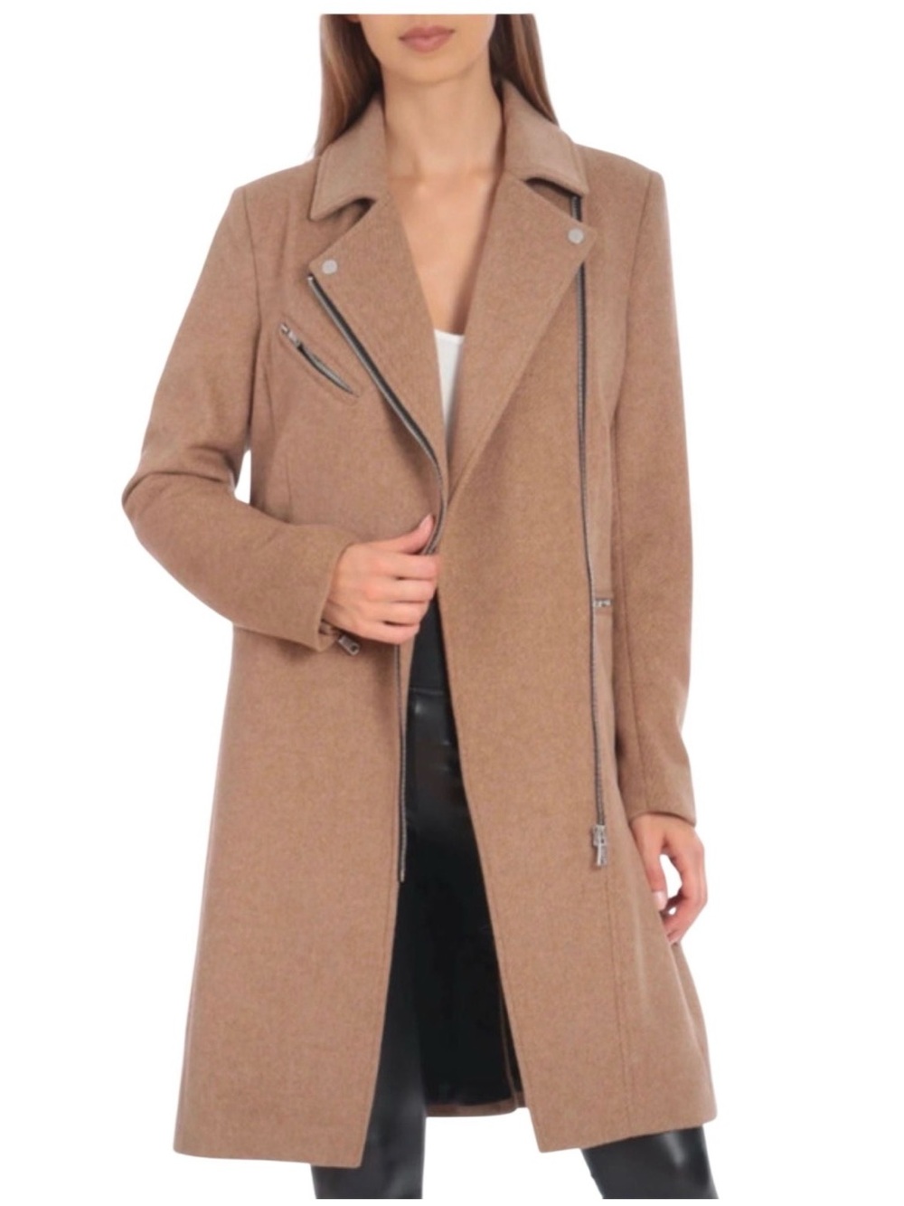 White House black market Womens Camel Long Wool-Blend Moto Coat
